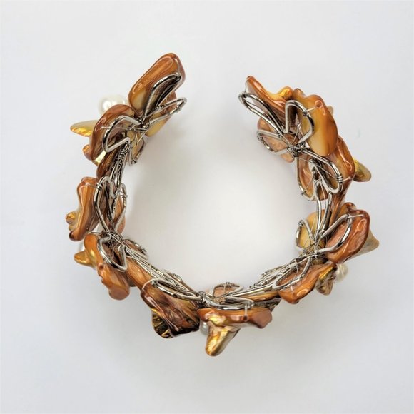 Orange Adjustable Cuff Bracelet with with Dyed Shell Petals & Pearls Bangle - Picture 13 of 15
